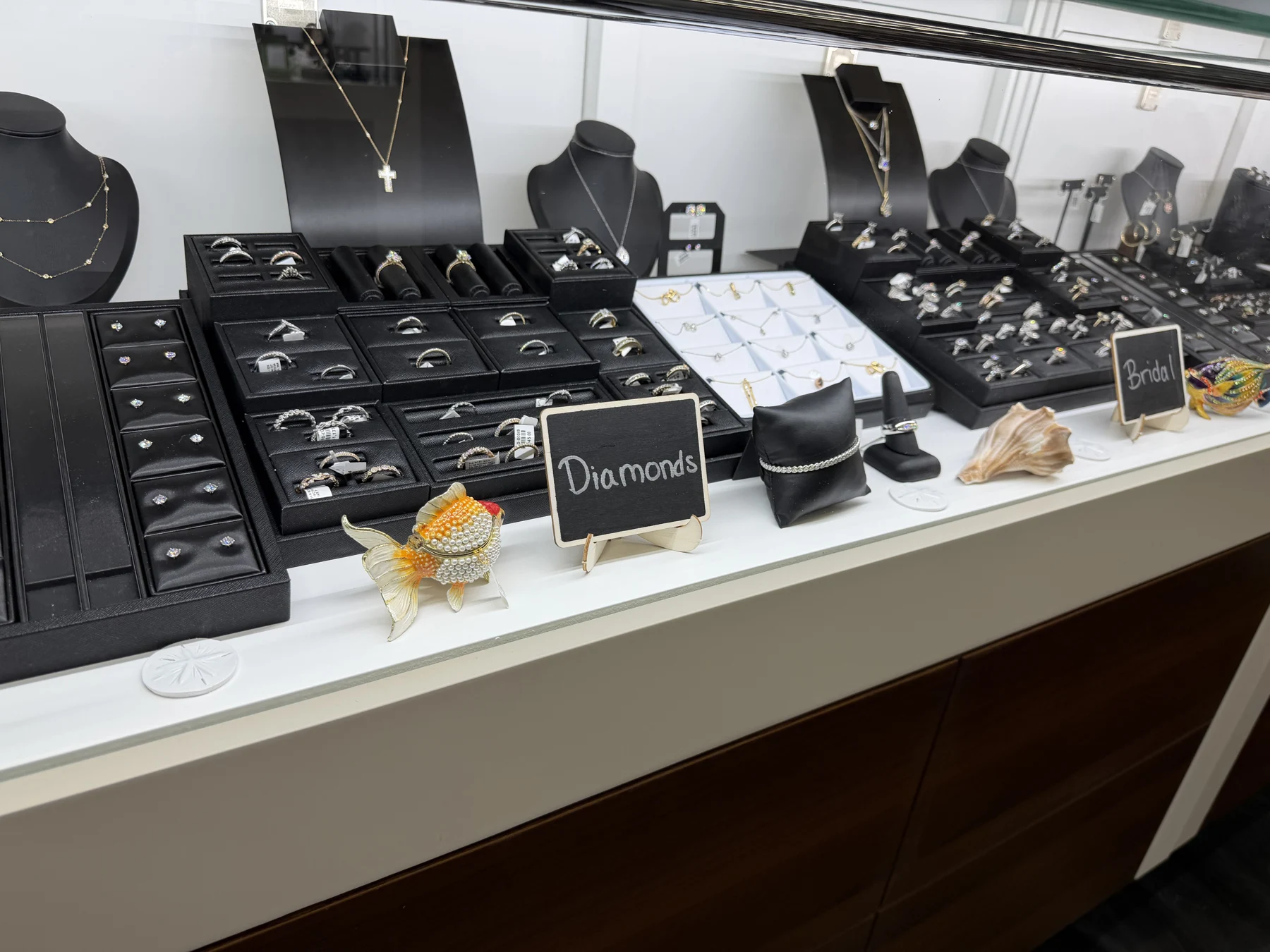 Jewelry arranged in our in-store display cases