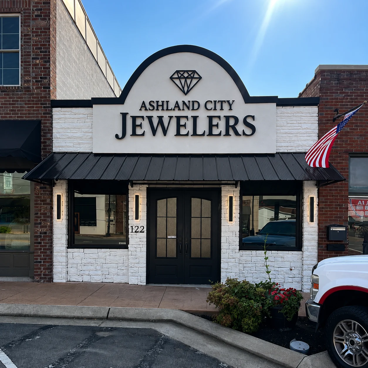 The white brick Ashland City Jewelers storefront at 122 North Main Street